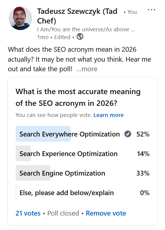 LinkedIn poll about the meaning of SEOn in 2026