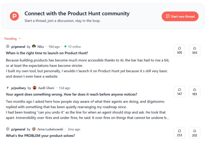 Product Hunt forums homepage with the most active discussions on top