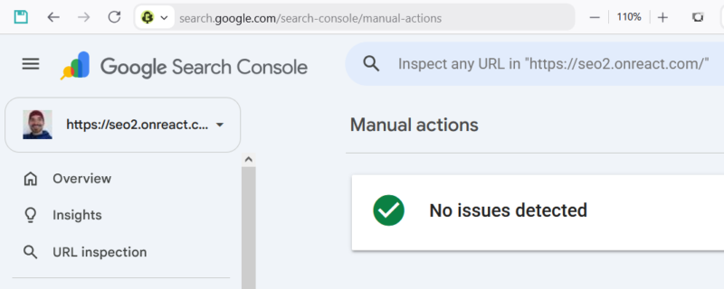 Google Search Console "manual actions" report for seo2.onreact.com shows "No issues detected".