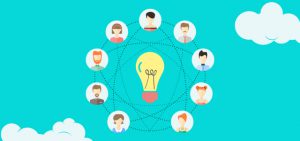 A light bulb graphic surrounded by lots of creative looking people who are interconnected.