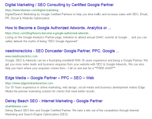 Search results for [google partner seo] showing many companies claming they are Google Partners when it comes to SEO.